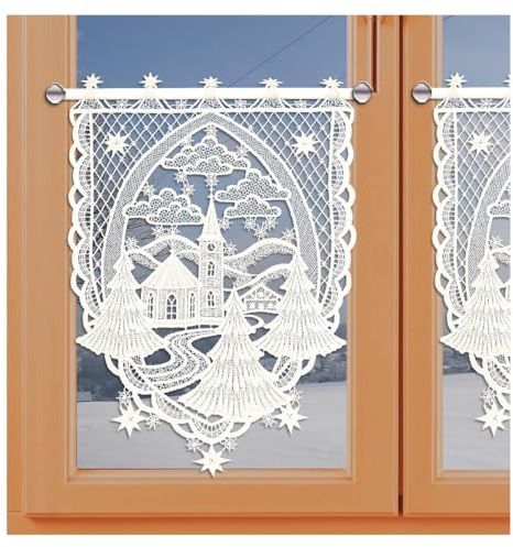 Winter-Scheibenhänger Schneezauber mit Kirche aus Echter Vogtländischer Spitze Scheibengardine Winterkirche in Natur 40 x 28 cm