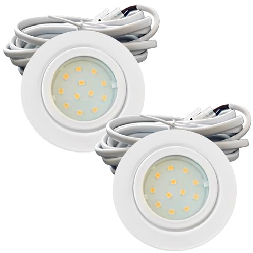 2er Set IP44 LED Möbeleinbauleuchten 12V extra flach 2,4W Einbaustrahler New Lina 200lm Weiß 3000K Warmweiß Bohrloch: 54 bis 60mm, 2m Kabel mit AMP Stecker. Möbel, Küche, Bad, Decken usw. ✅