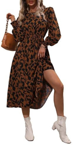 fdsmall Women's Long Sleeve Leopard Print Retro Crew Neck A Line Flowy Casual Midi Dresses Tie Waist Swing Cute Going Out Dresses (UK, Alpha, L, Regular, Regular, Yellow)