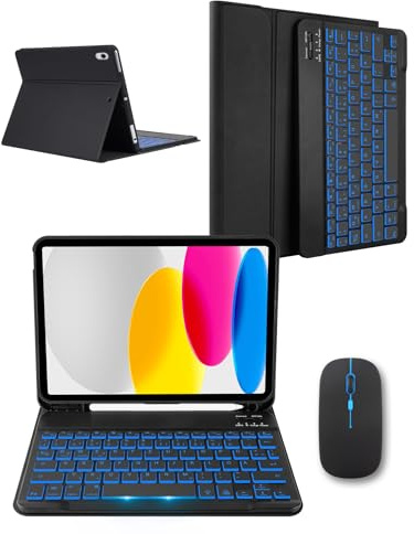 LAMA Tastaturhülle mit Maus für iPad A16 11 Gen.2025 (A3354/A3355/A3356), 10.9'' iPad 10 Gen.2022(A2696/A2757/A2777), Schutzhülle kabelloser Bluetooth Tastaturhülle, Deutsche QWERTZ, Schwarz Bleuchtet
