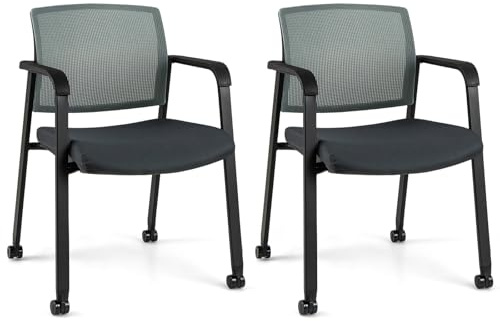COSTWAY Set of 2/4/6 Stackable Reception Chairs, Upholstered Mesh Office Chair Meeting Conference Armchair, Computer Desk Seat Guest Visitors Chairs for Home Office (2PCS with Wheels, Grey)