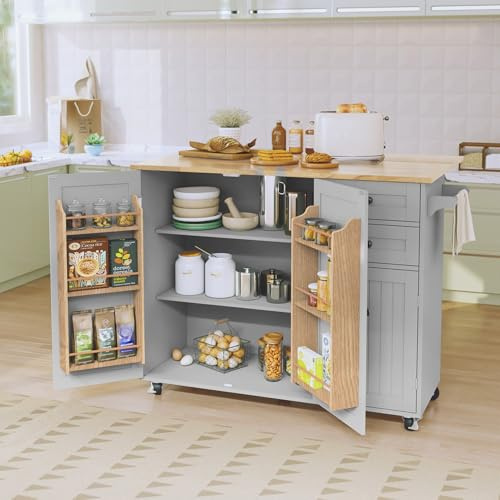 HOLTICO Kitchen Island on Wheels, Kitchen Trolley Storage Islands & Carts with Extendable Rubberwood Worktop, Grey Rolling Kitchen Island Breakfast Bar with Drawers and Spice Rack