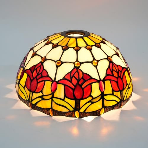 Tiffany Shade Replacement 12 Red Tulips Stained Glass Lamp Shade Vintage Pastoral Art Decor Large Opening Replacement Lampshades for Bedroom Living Room Restaurant