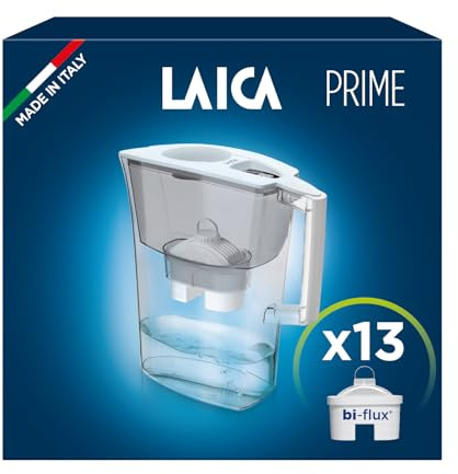 LAICA Prime Line Caraffa Filtrante - Grande Capacità di 3L - Bianca - Timer Digitale - 13 Filtri bi-flux Inclusi, Preserva i Sali Minerali Utili all'Organismo e Riduce Cloro - Made in Italy