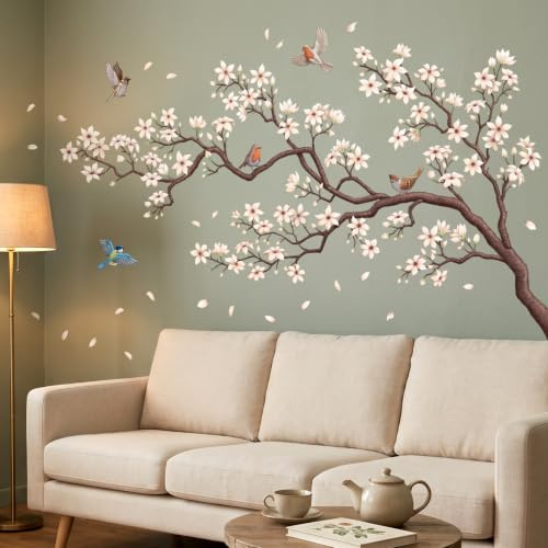 DECOWALL SG2-2509 Stickers muraux amovibles pour chambre d'enfant, chambre d'enfant, salon et bureau Motif fleurs de cerisier Blanc