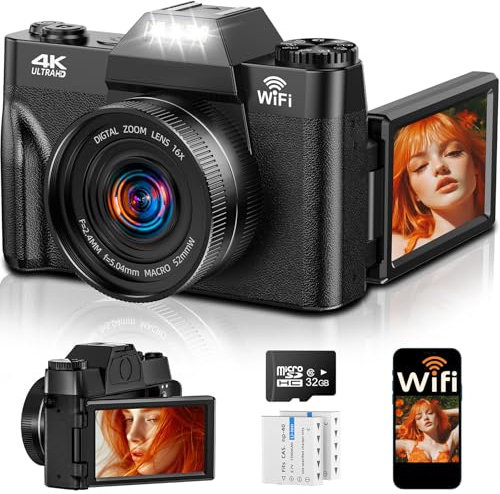 4K Digitalkamera mit WLAN & 180° Flip 3.0 Bildschirm, Autofokus Vlogging Fotoapparat mit 2X 1500mAh Batterien, 32GB Speicherkarte, Kompaktkamera für Kinder, Erwachsene, Senioren & Anfänger