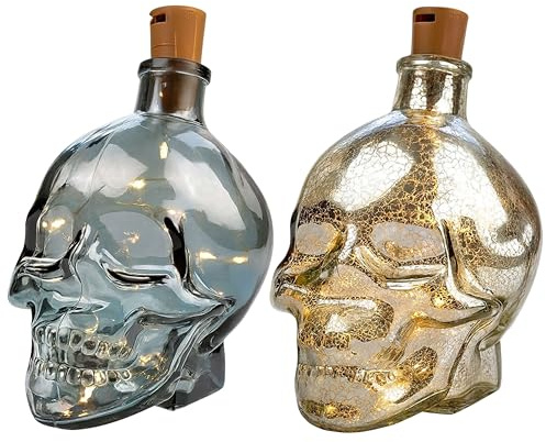 ADEPTNA Set of 2 Light Up Skull Glass Bottles – Halloween Decorations with LED Bottle Lights – Black Transparent & Silver Speckled Skulls – Party Décor