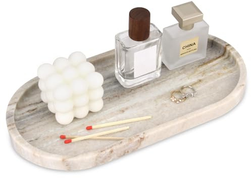 Marmor Tablett Oval Natürliches 30 x 15 cm Badezimmer Deko Marmorplatte für Küche Bad Schminktisch Arbeitsplatte Gewebe Kerzen Handtuch Kaffee Schmuck Pflanze Kosmetiktabletts Schmucktablett Viva Jade