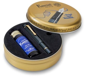 Kaweco PISTON SPORT AL Navy/Gold Starter Set I Klassischer Aluminium Kolbenfüllhalter zum Aufziehen von Tinte inkl. 32 ml Tintenglas Königsblau in Retro-Dose 13 cm I Federbreite: M (Medium)