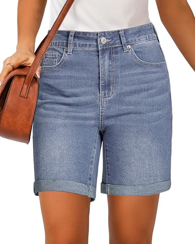 Roskiky Jean Shorts for Women UK High Waisted Ladies Denim Summer Stretchy Long Denim Shorts 7 Inch Inseam