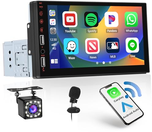 Hikity 1 Din bilradio med 7-tums skärm, kompatibel med trådlös CarPlay/Android Auto, Bluetooth-bilradio med dubbla USB-portar FM-radio + backkamera mikrofon fjärrkontroll