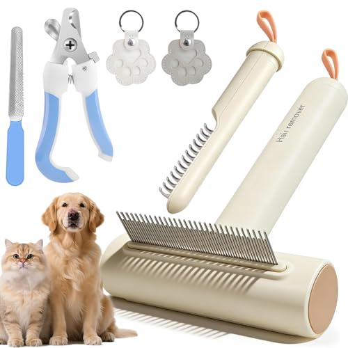 ALLFYL 3 in 1 Dematting Rake Dog Cat Deshedding Brush – Professional Undercoat Rake for Shedding & Dematting – with Pet Nail Clippers (Safety Guard) & Fur Keepsake Keychain
