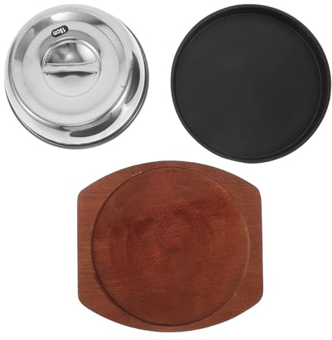 HOMSFOU Poêle à Steak Antiadhésive en Fonte 19Cm Épaisse Couvercle Ensemble 3 Pièces pour Usage Domestique et Grillades Extérieures