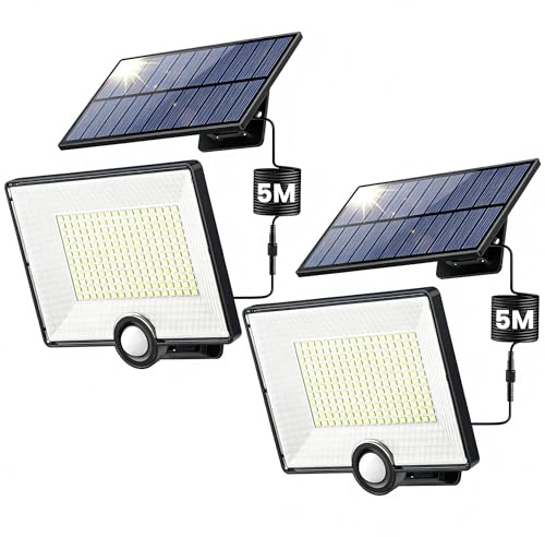【2000lm Ultra-brillant】Lampe Solaire Extérieur Détecteur de Mouvement 204LED Lumière Solaire Extérieure avec 3 Modes Étanche IP65 éclairage Extérieur Solaire Spot LED avec Câble de 16,4ft [Lot de 2]