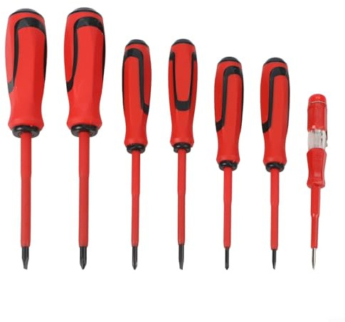Lot de 7 tournevis isolés pour électricien : 3 cruciformes (3,0/4,0/5,0 mm) + 3 fentes (3,0/4,0/5,0 mm) + crayon testeur de tension - main ergonomique en polypropylène