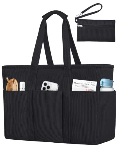 JUYANO Cord Handtasche Damen Große Strandtasche XXL Familie Shopper Tasche mit Reißverschluss, Wasserdicht Vielseitige Tote Bag Saunatasche Badetasche für Pendeln Einkaufen Reisen, Grau-Schwarz