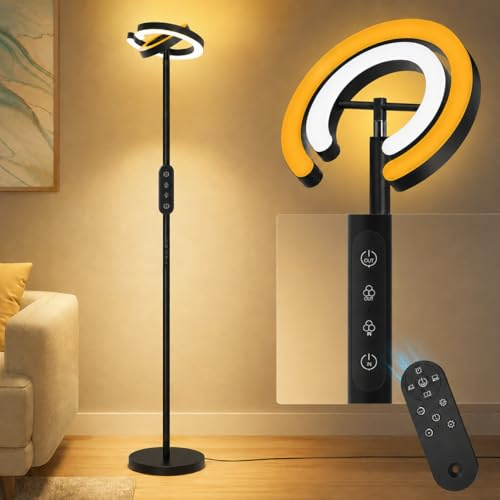IRONDELIC Stehlampe Wohnzimmer LED Dimmbar, 36W Super Hell 2000LM Deckenfluter mit Fernbedienung, 2 Drehbar C-Ring Lampenköpfe, 191cm Moderne Stehleuchte für Schlafzimmer Büro Esszimmer, Schwarz