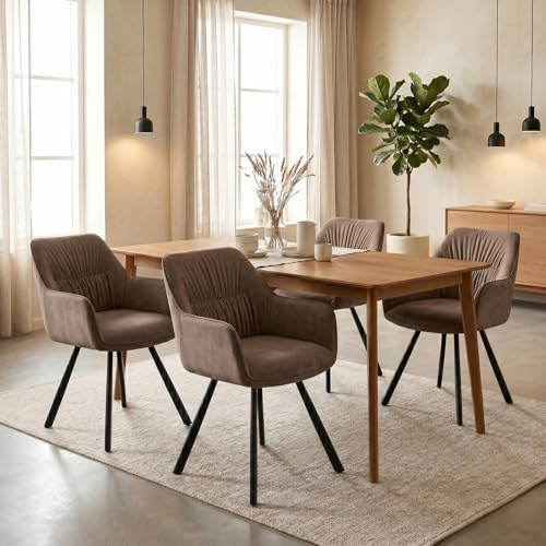 WAFTING Esszimmerstühle 360° drehbar 4er Set, Armlehnstuhl aus Mikrofaser-Velours mit Metallgestell und Lehne, Moderner Polsterstuhl für Esszimmer, Küche, Wohnzimmer, Braun