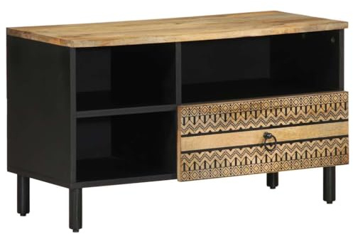 QUAHEAS Mobile TV nero in legno di mango grezzo, 80 x 33,5 x 46 cm, con cassetto e scomparto, console multimediale bassa per soggiorno e camera da letto, credenza per TV e dispositivi HiFi
