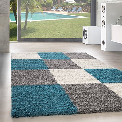 SIMPEX Hochflor Teppich Shaggy kariert 120x170 cm Blau, weich & flauschig, modernes Karo Muster, rechteckig, perfekt für Wohnzimmer oder Schlafzimmer, stilvoll & bequem