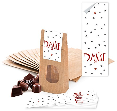 Logbuch-Verlag 25 braune Blockbodenbeutel mit Fenster 7 x 4 x 20,5 cm + DANKE Aufkleber rot weiß Verpackung Lebensmittel Pralinen