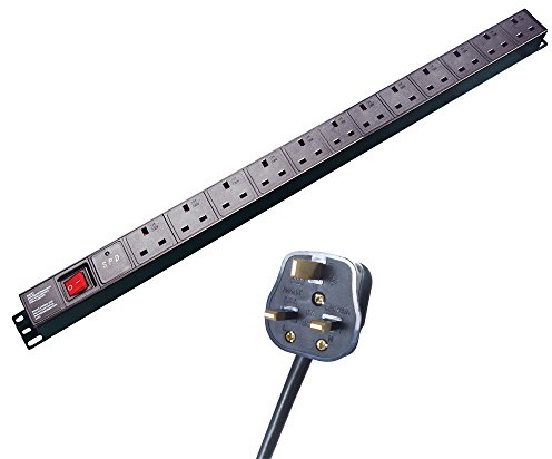 connektgear 3m 12 Way Surge Protected Vertical Rack Mount Power Extension Block - UK Plug to 12 x UK Sockets - Black