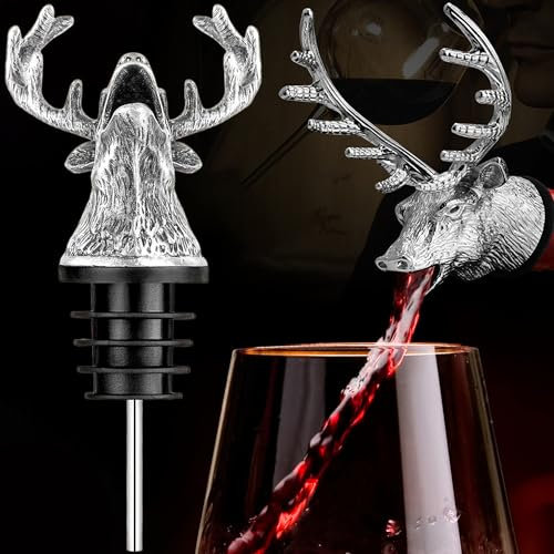 MINGZE Cabeza de Ciervo Vertedor de Vino, Aleación de Zinc Tapones de Botellas Stag Wine Bottle Stopper Pourer Tapón Herramientas de la Barra únicos (Plata)