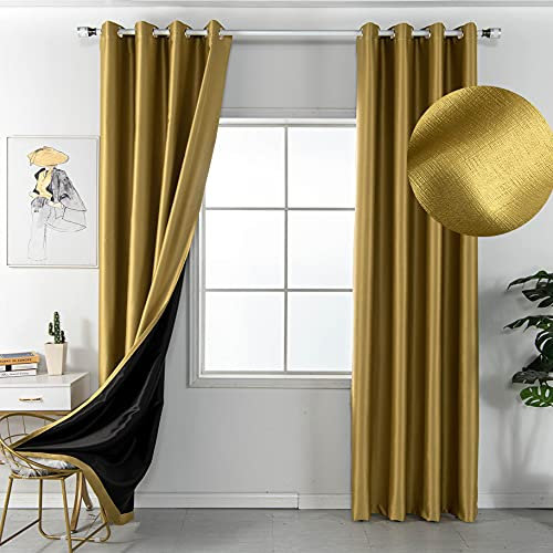 Amidoudou Blackout Curtains 2 Panels 66x84 Inch, Thermal Insulated Room Darkening Window Drapes with Black Liner for Bedroom Living Room (Gold)