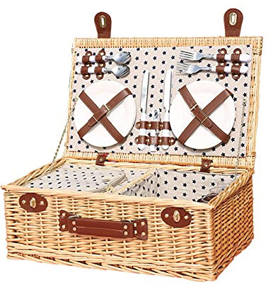 scosao Panier à Pique-Nique 4 Personnes, Panier a Bois ​en Osier avec Grand Compartiment Isotherme et Couverts Kit, Panier Pic Nic avec Couvercle pour Gourmet, Saint Valentin, Famille, Fête, Basquet,