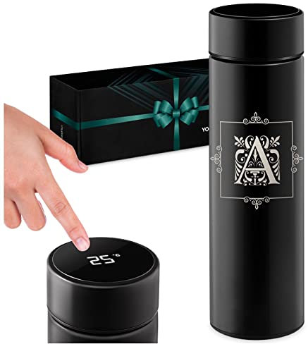 Maverton Thermos per Tè e Caffè - 450 ml - incisione personalizzata - acciaio inossidabile - 100% a prova di perdite - indicatore di temperatura - regalo Donna - maiuscola