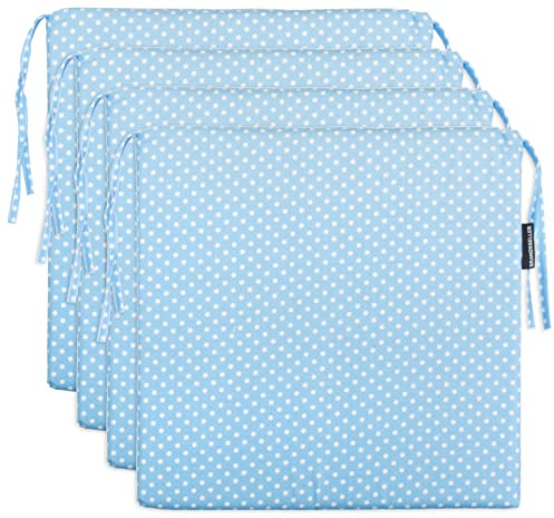 Brandsseller 4er Set Sitzkissen 40x40 cm mit Punkten – Bequeme Stuhlauflagen mit Bindebändern & abnehmbarem Bezug – Dekorative Sitzpolster für drinnen & draußen – Hellblau