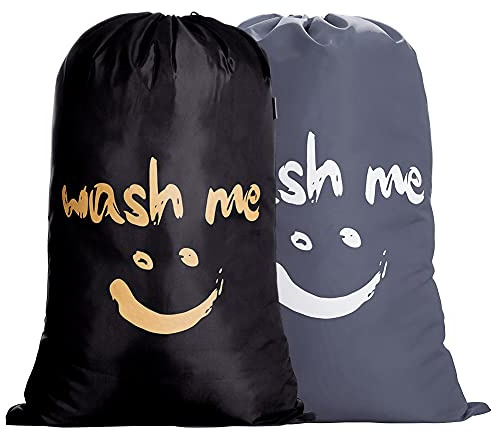 IHOMGIC 2 Pcs Wäschesack Camping für Studenten, 120L Groß Schmutzwäschebeutel mit Kordelzug, 420D Nylon Wäschesammler mit Smiley-Gesicht, Wäschesack für Waschsalons, Wohnheime, Schwarz + Dunkelgrau