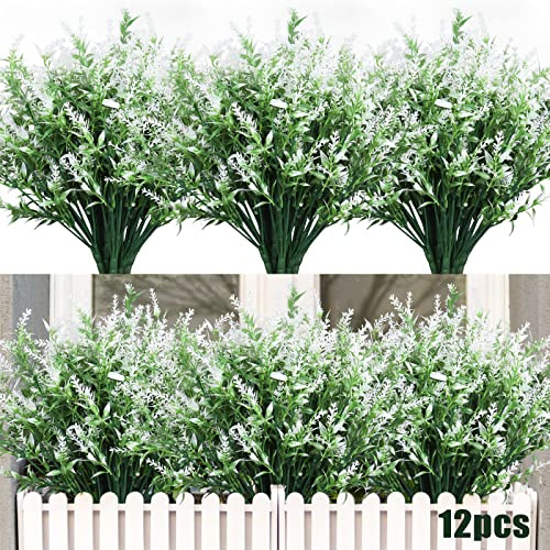 RECUTMS 12Pcs White Artificial Flowers Outdoor UV Resistant Fake Flowers | Artificial Plants & Flowers Greenery Plants for Indoor Outside Hanging Planter Garden Window Box Porch Spring Decoration