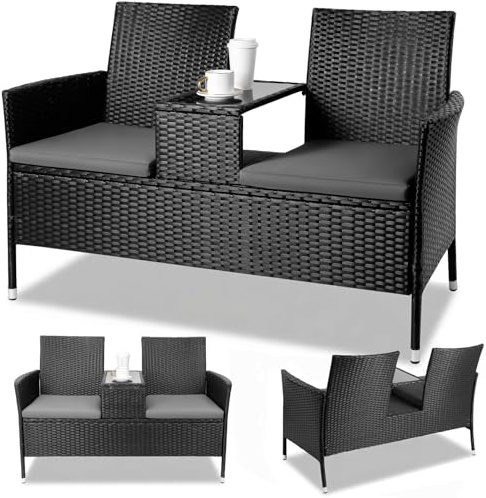 TLSUNNY Banco de Jardín de Poliratán con Cojín, Juego de Muebles de Balcón de 2 Plazas, Banco Terraza Exterior con Mesa Integrada, Ratán, Resistente a la Intemperie, 120X54X83cm, Negro