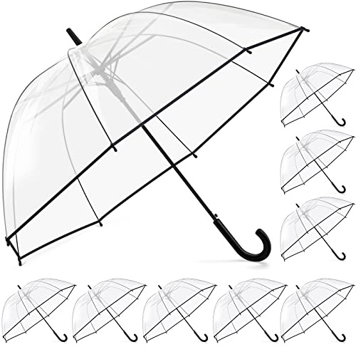 8 Pieces Clear Bubble Umbrella - Auto Open Dome Windproof for Rain, Wedding, Bride Groom Gifts, Bridal Party, Outing, Graduation, Prom - Transparent With J Hook Handle