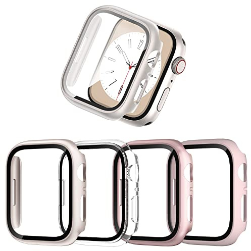 JZK 4-Stück Schutzhülle für Apple Watch SE 3 (2025)/SE 2/SE/6/5/4 44mm, Hart PC Hülle Eingebaut Kratzfest Gehärtetes Glas Schutzfolie für iWatch 44mm, Klar/Roségold/Rosa/Sternlicht