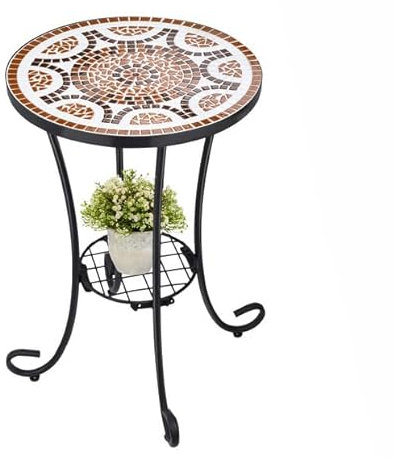VCUTEKA Tavolino da esterno a mosaico, tavolo da patio, tavolo con piastrelle a mosaico, struttura in metallo, piccolo tavolino da portico, spiaggia, patio, giardino, balcone, color ruggine