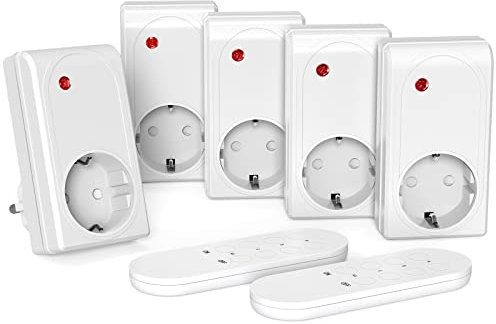 SURNICE Presa con telecomando, 2000 W, 5 prese radio con 2 telecomandi, portata 80 m, set di interruttori radio con funzione autoapprendimento, programmabile ed espandibile