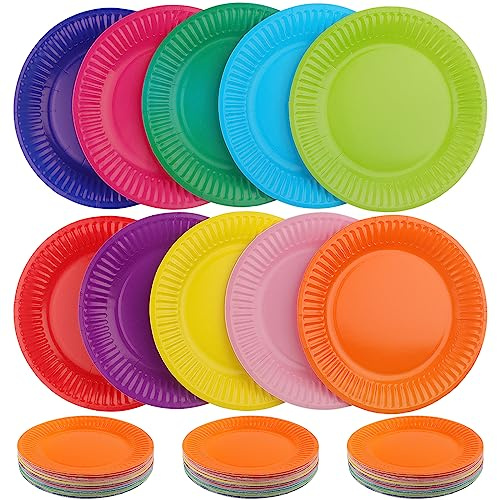 HAKZEON 100Pcs 7 Inch Colorful Paper Party Plates Set, Multicolour Paper Plates, Round Coloured Plate for Serving Wedding Birthday Party, Picnic, 10 Colours