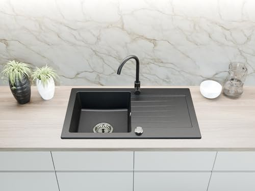 Faizee Möbel | Granitspüle 75x44 cm Gesprenkelt Schwarz | Eckige Küchenspüle & Einbauspüle | Beidseitig montierbares Spülbecken Granit | Spüle Küche für Unterschränke ab 45 cm | Inkl. Siphon-Set