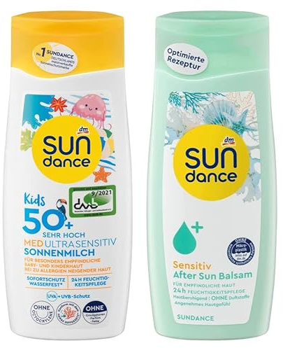 SUNDANCE 2er-Set Sonnenschutz: Sonnenmilch KIDS MED ULTRA SENSITIV, LSF 50+ (200 ml) + Aprés BALSAM SENSITIV After Sun Feuchtigkeitspflege mit Aloe Vera (200 ml), 400 ml