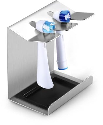 Siegvoll Edelstahl Zahnbürstenhalter für Oral-B, iO, Philips Sonicare, usw. | Aufsteckbürsten Halter mit Auffangschale | Bürstenkopf-Halterung für 2er elektrische Zahnbürstenkopf