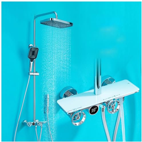 SWHC Set de Ducha, Sistema de Ducha Termostatica Cromo Grifo Ducha Pantalla Digital Columna Ducha con Cabezal Ducha Lluvia, Ducha de Mano de 3 Funciones, Grifo de Bañera y Grifo Bidet