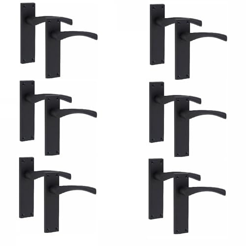 Golden Grace Victorian Scroll Door Handles Latch, Matt Black, 6 Pairs | Includes spindles and screws for quick installation, with durable zinc construction and a 150mm x 40mm Astrid backplate.