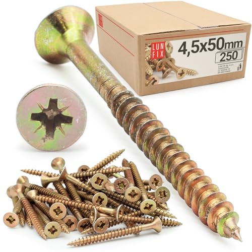 LUN FIX Universalschraube 4,5x50 mm - 250 Stück |Kreuzschlitz PZ2 | Senkkopf | Holzschrauben | GelbVerzinkt | Mehrzweckschrauben| Kreuzschlitzschrauben