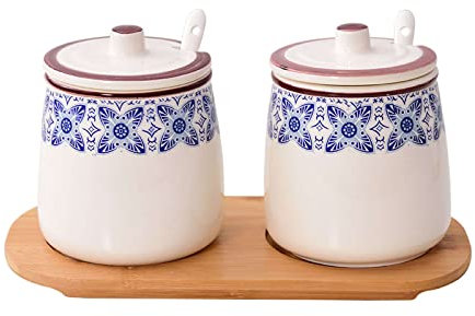 Vaso per zucchero in ceramica, zuccheriera, salier Zuccheriera con motivo floreale blu con coperchio e cucchiaio, barattolo for zucchero in ceramica da 430 ml, zuccheriera in porcellana, for bar, rist