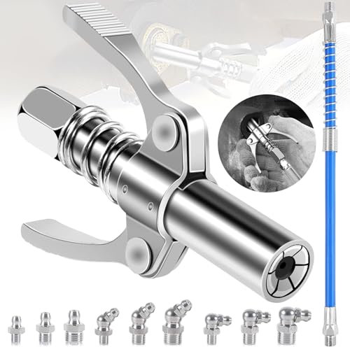 truee Fettpresse Kupplung, Verriegelungszange Fettpresse Kupplung, Doppelgriff Fettpresse Kupplung, Edelstahl Fettpresse, Mit 30Cm Schlauch und 9 Schmiernippel, Für Alle Arten von Fettpressen(Silber)