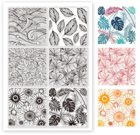ORIGACH 6 Styles großen Hintergrund klar Stempel für Karten machen, Wellen tropischen Blättern Sonnenblume Hibiskus Hintergrund Silikonstempel für DIY Scrapbooking Journaling Fotoalbum, 29,7x21cm