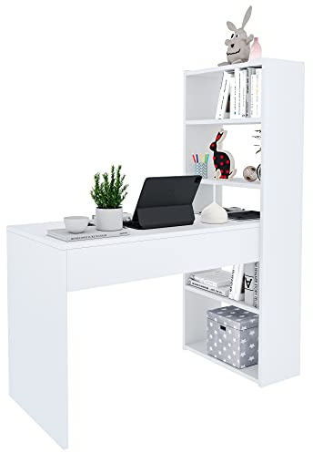 Bricozone Scrivania con Libreria Reversibile, Scrittoio Scaffali Laterali Mobile Desk da Ufficio Soggiorno Sala da Pranzo, 120 x 144 x 53 cm (Bianco)