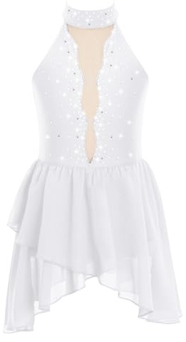 Hansber Abito da Pattinaggio Artistico Bambina Senza Manica Body da Danza Classica Abito Paillettes Vestito da Ballo Costumi di Danza Performance Bianco 9-10 Anni
